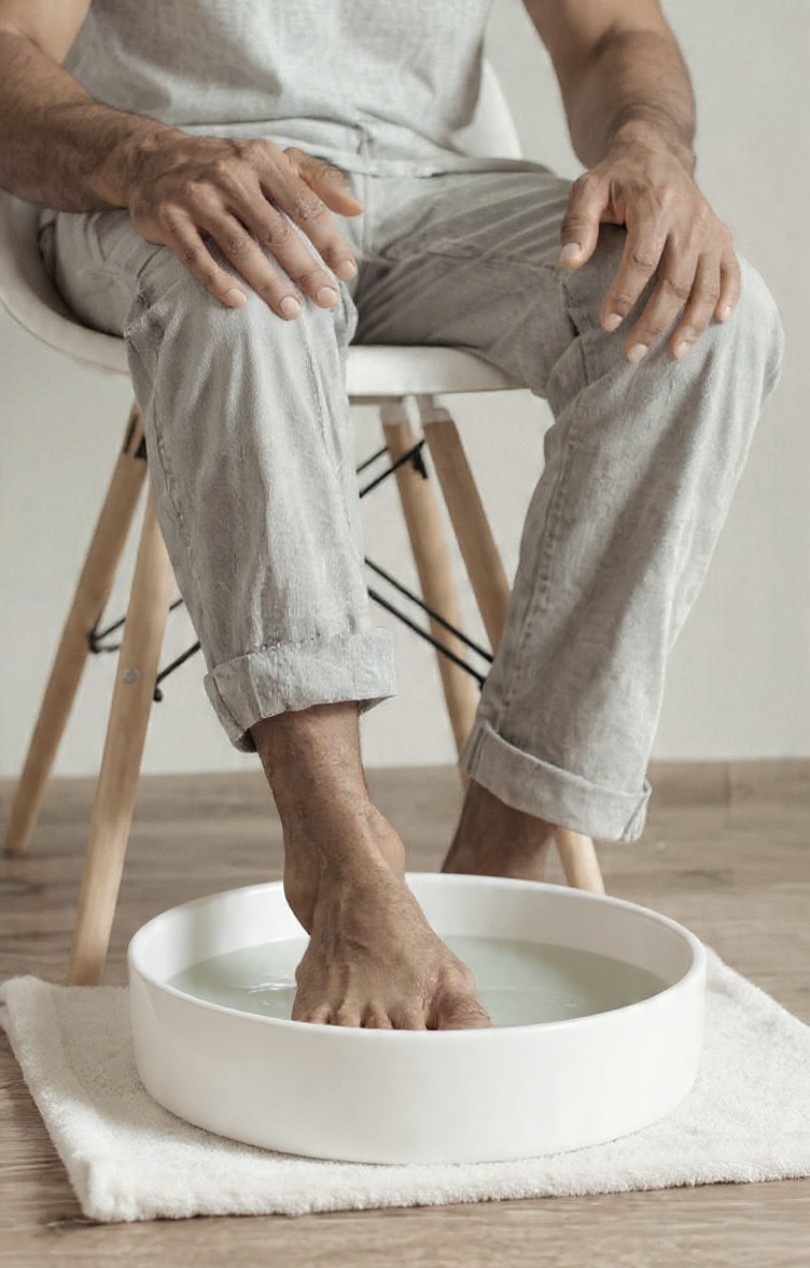 Pés imersos em água morna para relaxamento