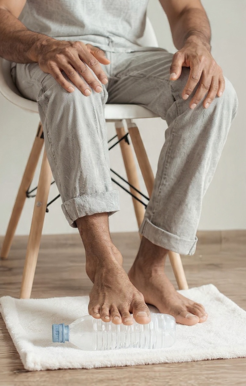 Pé realizando massagem sobre uma garrafa de água congelada